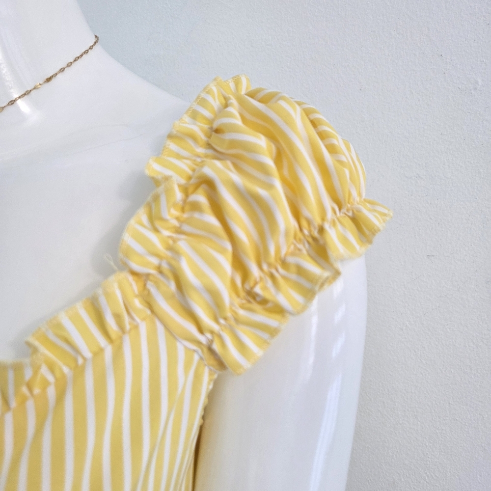 Sunny Yellow White Striped Puff Sleeve Blouse Size Large - Picture 5 of 16